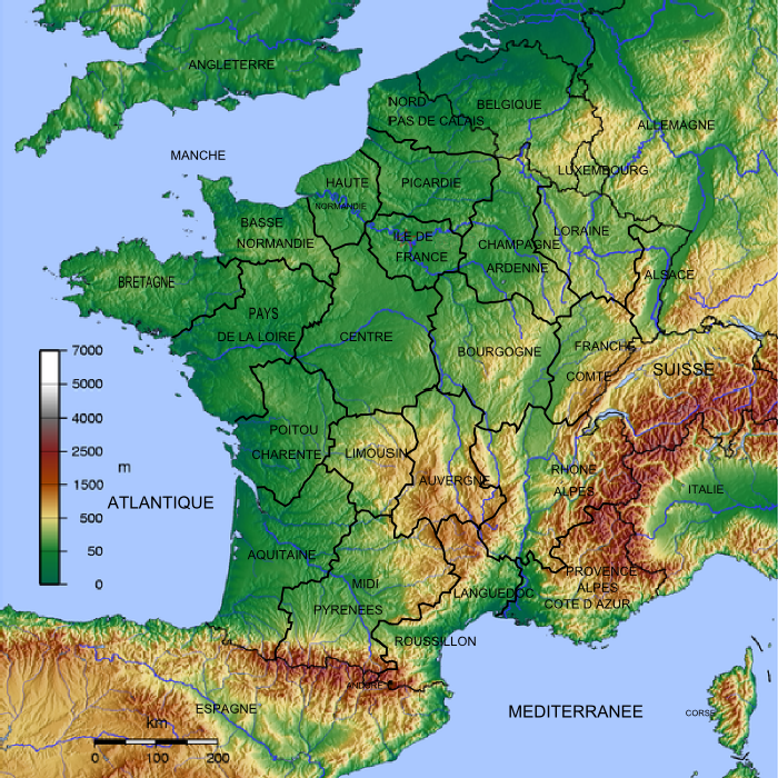 Physical Regional Map of France